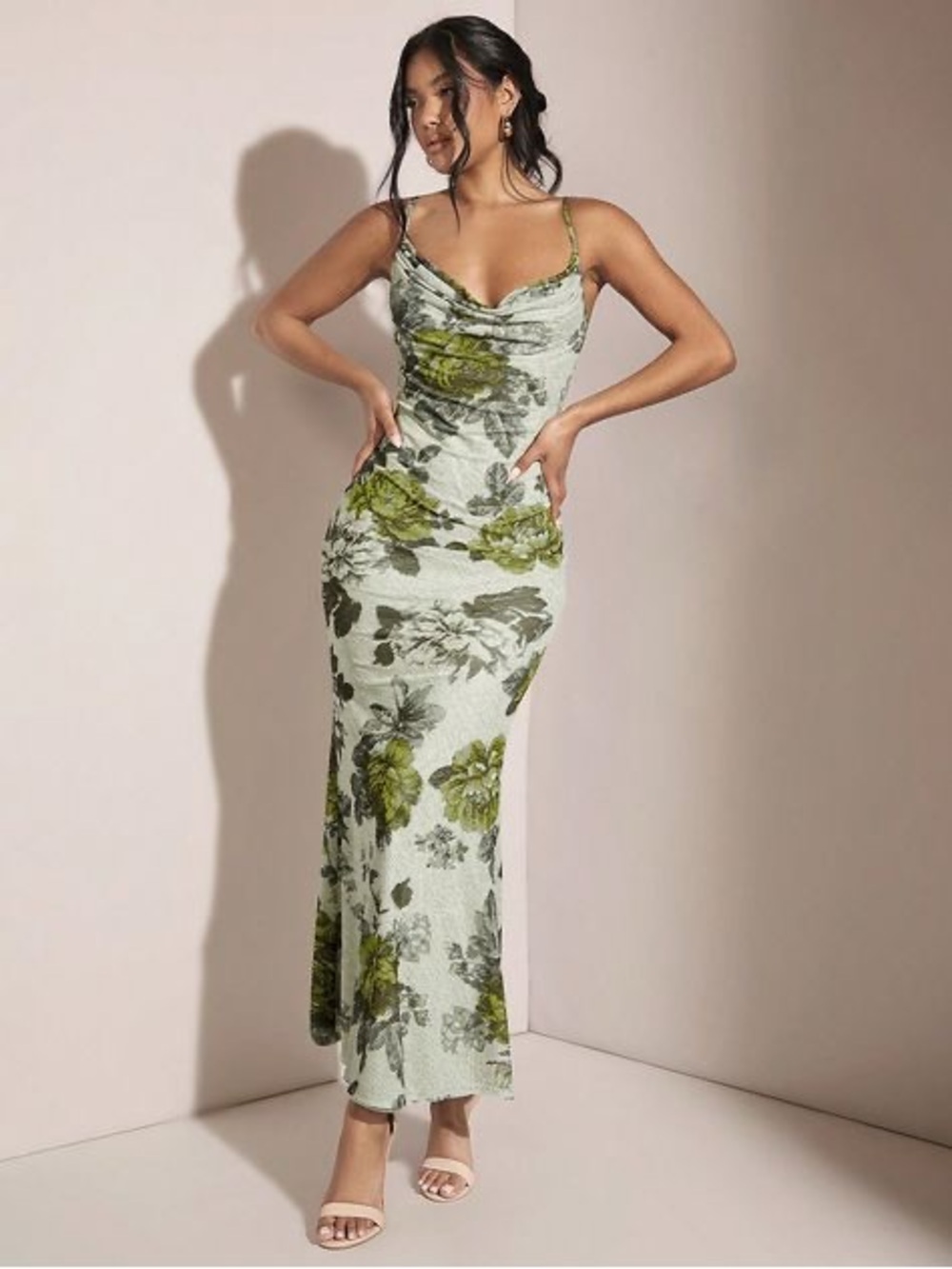 Floral Sage Green Cowl Neck Dress